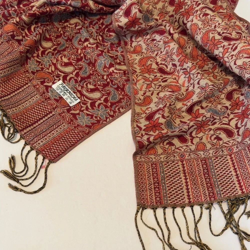 Pashmina Silk Blend Paisley Floral Scarf Wrap Red Orange Fringed Tassel 76x27